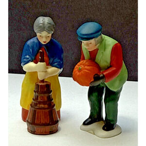 Vtg Lot of 2 Dept 56 Harvest Time Farmer Pumpkin Wife Butter Churn New England